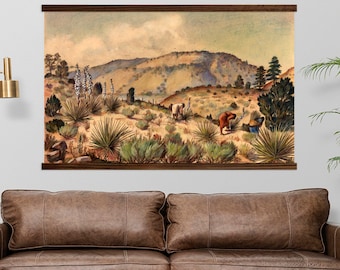Women Gathering Yucca- Mexican Wall Art- Large Desert Painting- Large Hanging Canvas with Wood Frame