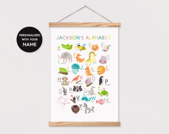 Affiche de l’alphabet animal personnalisée avec le nom de l’enfant - Comprend un cadre en bois