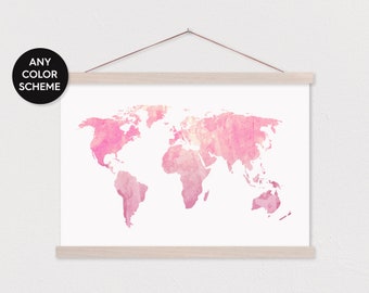 Pink Paint World Map with Wood Magnetic Poster Hanger- Interchangeable Frame- Canvas Map- Large Poster Frame- Large Art Print- Canvas ART