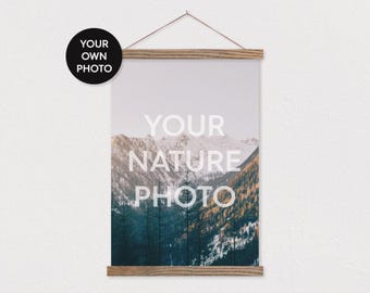Custom Nature Photo in Portrait Printed on Canvas with Wood Poster Scroll Frame- Your own Photo-Family Room Decor-Pix Poster Hanger