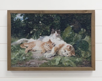 Cat with Her Kittens - Cat Canvas Art - Wood Framed Decor