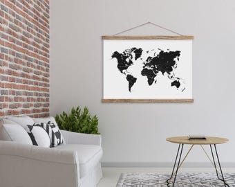 Black and White World Map with Wood Poster Hanger- Interchangeable Frame- Canvas Map- Large Poster Frame- Large Art Print ART