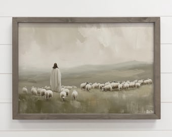 Jesus Flock of Sheep - Jesus Canvas Art - Wood Framed Decor