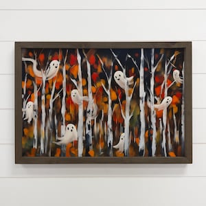 Ghosts Painting in Birch Trees with Wood Frame - Popular Trendy Halloween Art