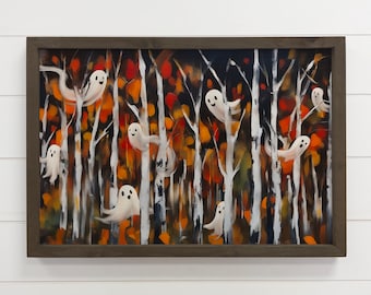 Ghosts Painting in Birch Trees with Wood Frame - Popular Trendy Halloween Art