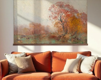 Large Vintage Giclee Canvas Print with Red Leaves on Trees Landscape - Fall November Morning - XL