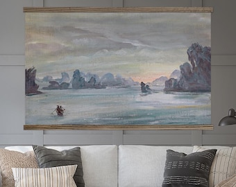 Large Ocean Wall Art - Blue and Gray Vintage Modern Vietnamese Art - Ha Long Bay Vietnam - XL