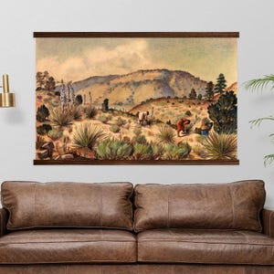 Mexican Wall Art - Women Gathering Yucca - Large Desert Painting- Large Hanging Canvas with Wood Frame