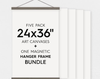 24x36" Canvas Bundle - Pack of 5 Blank Canvas Sheets and Magnetic Wood Hanger Frame