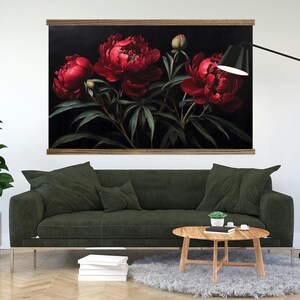 Dark Moody Wall Art - Dark Red Peonies Tapestry Wall Art - XL image 2