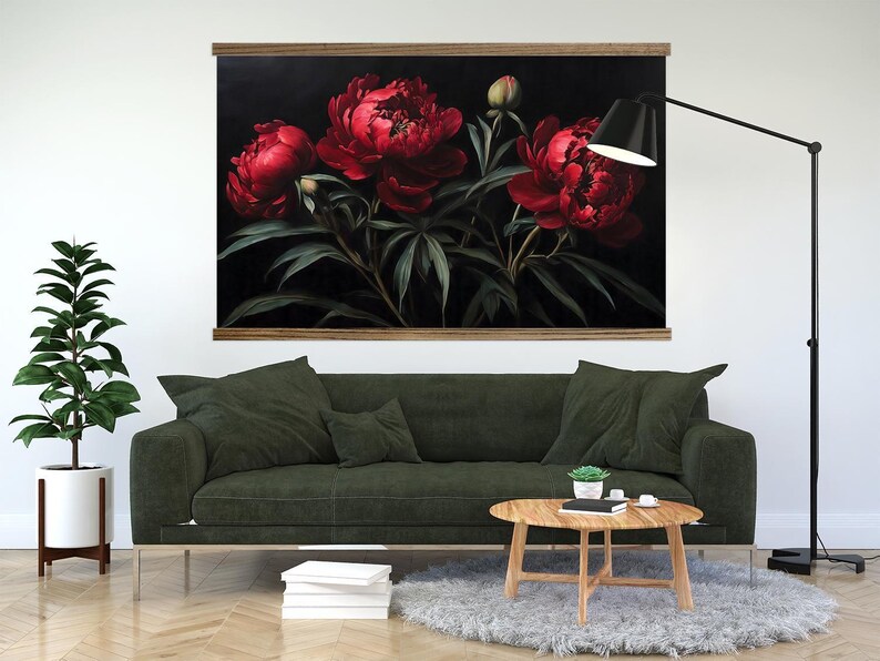 Dark Moody Wall Art - Dark Red Peonies Tapestry Wall Art - XL image 2