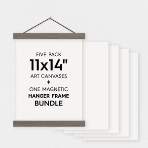 11x14&quot; Canvas Bundle - Pack of 5 Blank Canvas Sheets and Magnetic Wood Hanger Frame