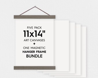 11x14" Canvas Bundle - Pack of 5 Blank Canvas Sheets and Magnetic Wood Hanger Frame
