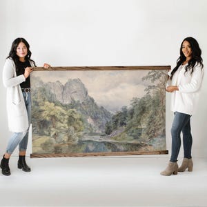 Arte mural extragrande - Pintura vintage de paisaje verde - Montaña y árboles - Tapiz de pared extragrande