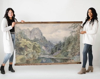 Extra Large Wall Art -  Green Landscape Vintage Painting - Mountain and Trees- Oversized Wall Tapestry