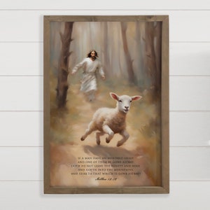 Jesus Chasing Lost Sheep - Matthew 18:12 Parable of the Lost Sheep - Jesus Leaves the 99 Framed Canvas Art