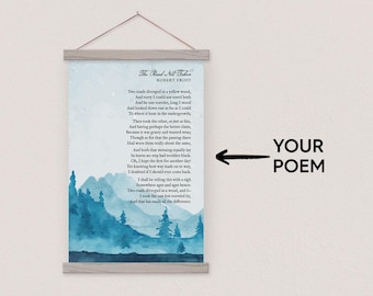 Your Own Poem Printed with Blue Mountainside Background on Canvas with Hanging Frame - Robert Frost Example - PIX