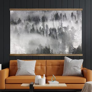 Monochromatic Artwork - Foggy Forest- Large Tapestry Art Work- Large Hanging Canvas with Wood Frame