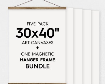 30x40" Canvas Bundle - Pack of 5 Blank Canvas Sheets and Magnetic Wood Hanger Frame