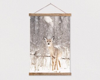 Poster Wall Hanging-Fawn and Flurries Canvas Print with Wood Poster Hanger-Winter Scene- Nature Gift- Calming Art Print