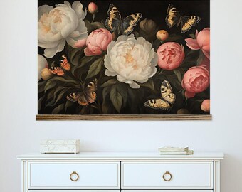 Bedroom Large Canvas Wall Art - Peonies Butterfly - XL