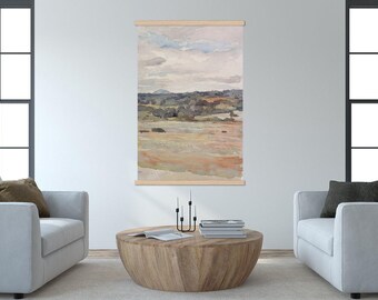 Beige Paintings - Extra Large Wall Art-  Field Landscape Watercolor- Watercolor Canvas Wall Hanging - XL