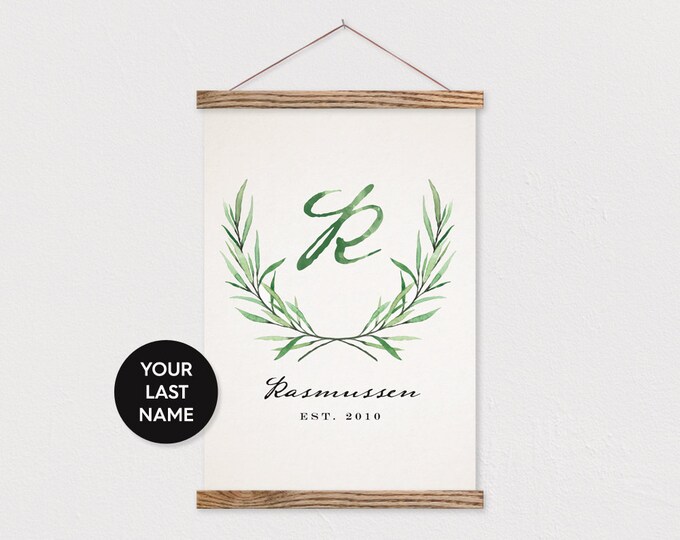 Custom Leaf Laurel with your Last name on Canvas with Wood Magnetic Poster Hanger- Custom Wall Decor- Custom Family Sign- Custom Gift
