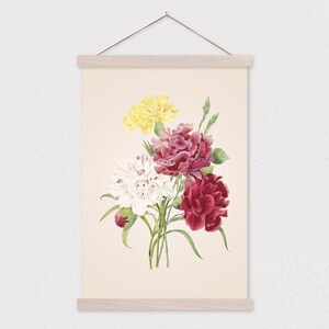 Poster Hanger- Vintage Botanical Carnation Canvas Print with Wood Poster Hanger-Botanical Print- Flat Canvas- Modern Farmhouse