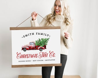 Custom Christmas Red and Black Truck Sign with Family Name - Canvas & Wood Hanging Frame