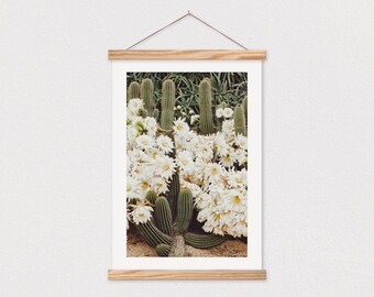 25 inch Poster Hanger- White Flowering Cactus Canvas Print with Wood Poster Hanger-Farmhouse Sign- Gift for her