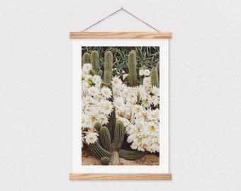 25 inch Poster Hanger- White Flowering Cactus Canvas Print with Wood Magnetic Poster Hanger-Farmhouse Sign- Gift for her