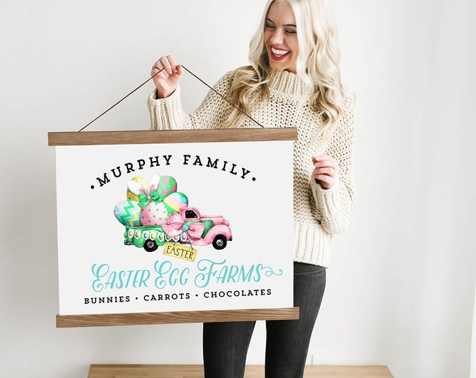 Custom Easter Egg Holiday Truck Sign with Family Name - Canvas & Wood Hanging Frame