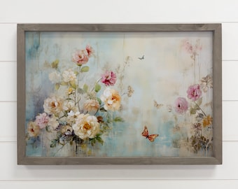 Etherische bloemen en vlinders - natuurcanvaskunst - ingelijst