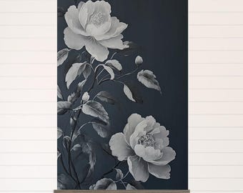 Stairway Large Canvas Wall Art - White Roses Dark Painting - XL