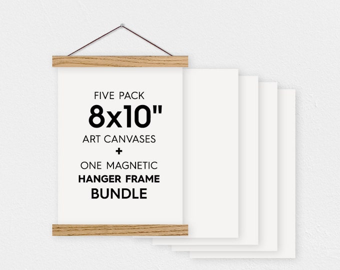 8x10" Canvas Bundle - Pack of 5 Blank Canvas Sheets and Magnetic Wood Hanger Frame