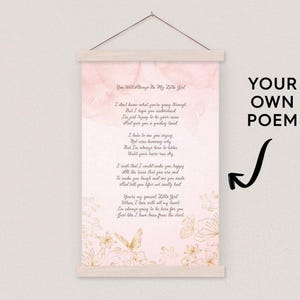 Cadeau pour fille - Votre propre poème - Papillons dorés sur fond rose aquarelle avec cadre