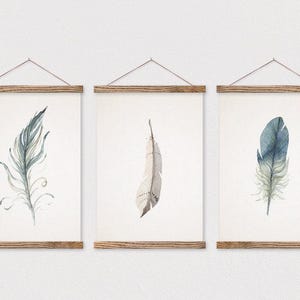 Set of 3 Watercolor Feather Trio on Canvas with Wooden Poster Hangers- Poster Wall Hanging- Poster Frame- Nature Wall Decor-panel
