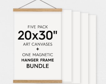 20x30" Canvas Bundle - Pack of 5 Blank Canvas Sheets and Magnetic Wood Hanger Frame