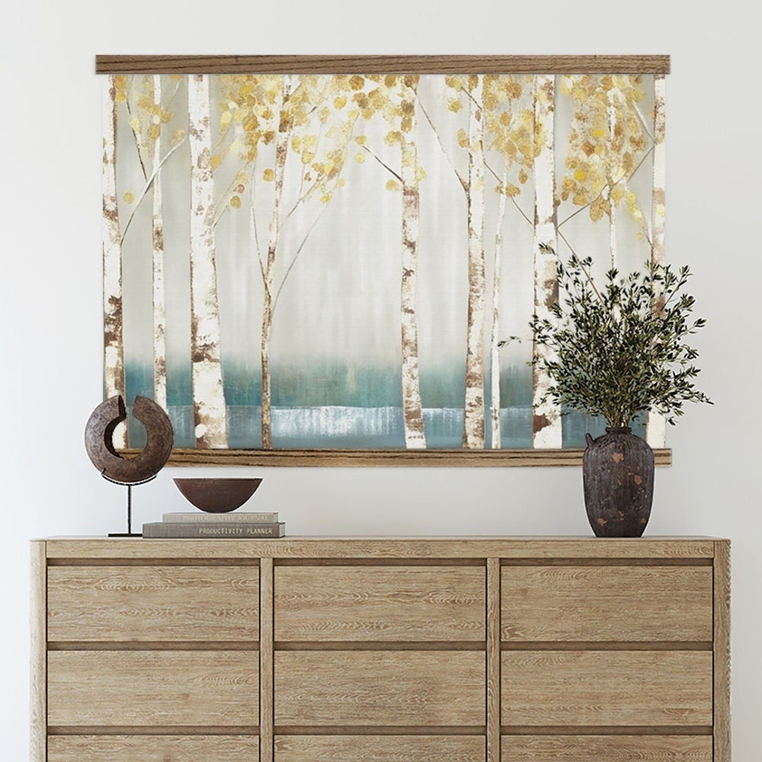 Golden Leaf Birch Trees Huge Wall Art Canvas Print Etsy