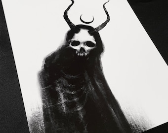 Lunar Demon Art Print, Dark Macabre Occult Decor, Witchy Black and White Artwork, 8”x10” Surreal Fantasy Wall Art