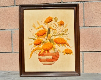 Vintage Framed Crewel Embroidery Art - Indian Basket & Sunflower Bouquet