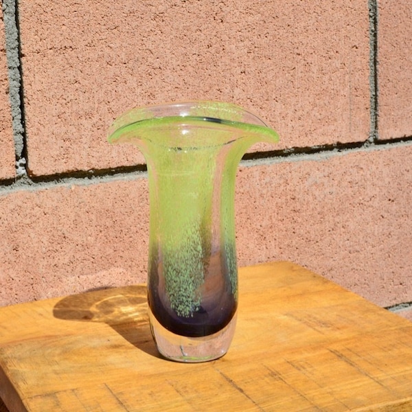 Vintage Teleflora Handblown Thick Art Glass Vase - Speckled Lime Green & Purple