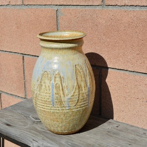 Vintage Studio Pottery 12&quot; Ceramic Vase - Beige with Blue Drip Glaze and Swirl Design