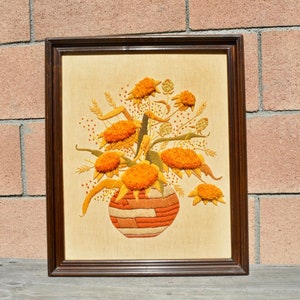 Vintage Framed Crewel Embroidery Art - Indian Basket & Sunflower Bouquet