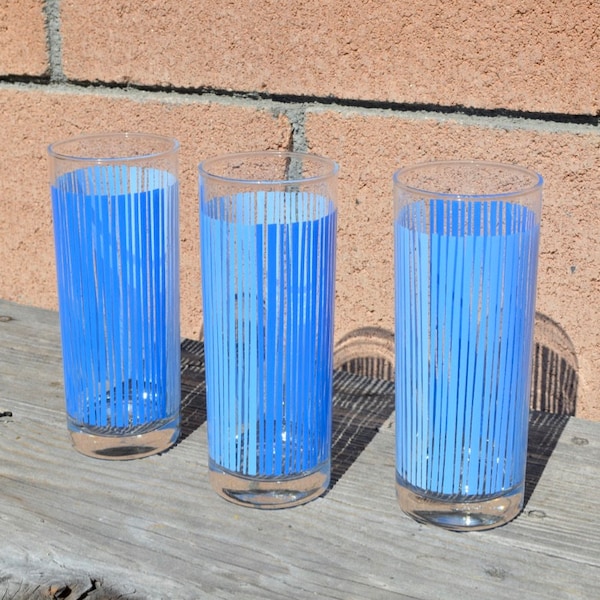 Set of 3 - Vintage Tall 6 3/4" Juice Glasses or Tumblers - Clear Glass with Veticle Blue Stripes