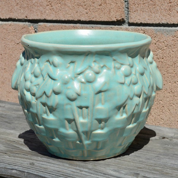 Vintage Nelson McCoy Aqua Blue Basketweave and Berries Pattern Jardiniere or Planter