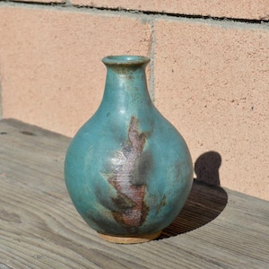 Vintage Studio Pottery - Bulbous Teal Ceramic Vase with Textured Raku Detailing