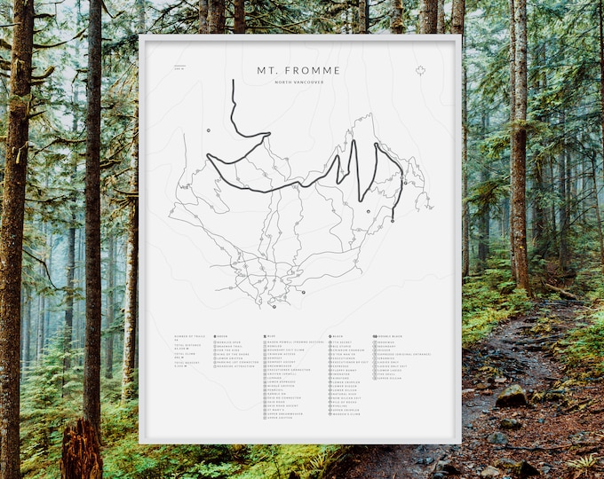 Mt. Fromme Trail Map Poster North Shore BC Mountain Biking Wall Art Custom Home Decor Unique Print Trail Running Vancouver Contour Lines MTB