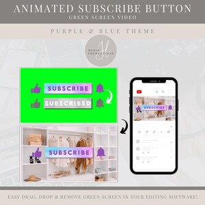 May include: Animated green screen video showing a purple and blue subscribe button with a bell icon. The video is designed for use on YouTube or other social media platforms. The text "SUBSCRIBE" and "SUBSCRIBED" is displayed on the button.