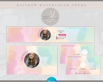 Editable YouTube Branding Kit | Rainbow Watercolor Youtube Banner, Intro and Outro Template | Editable Canva Template | Digital Templates
